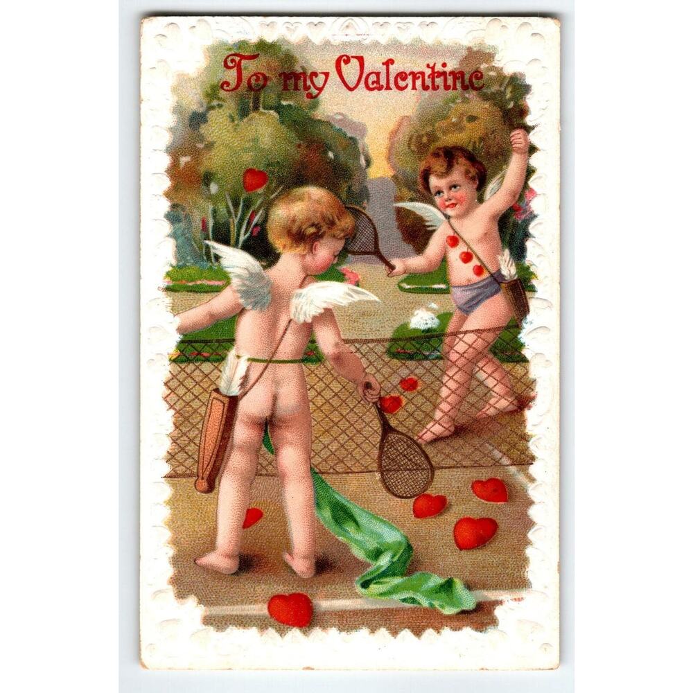 Vintage Valentine Postcard – Cherubs Playing Tennis with Hearts ECC Series 9293